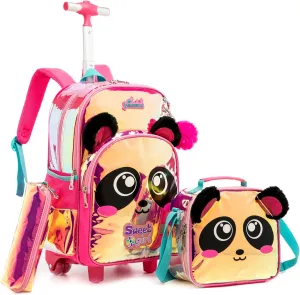 Egchescebo Kids Rolling Clear Panda Backpack for Girls 17" Flamingo Childrens Luggage with Wheels Toddler Travel Suitcase Transparent Backpacks Girl Kid Lunch Bookbag Escolares Elementary Red