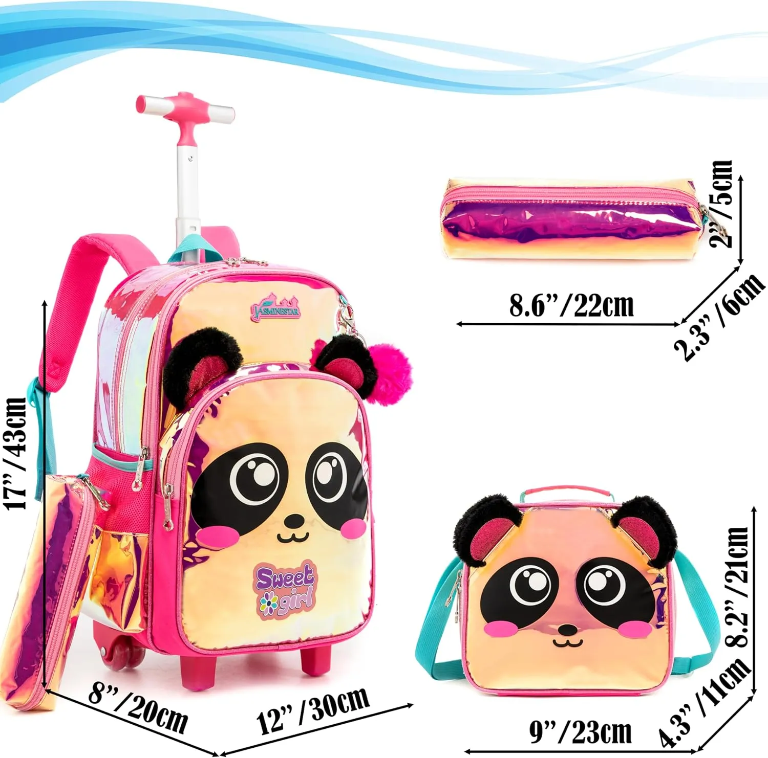 Egchescebo Kids Rolling Clear Panda Backpack for Girls 17" Flamingo Childrens Luggage with Wheels Toddler Travel Suitcase Transparent Backpacks Girl Kid Lunch Bookbag Escolares Elementary Red