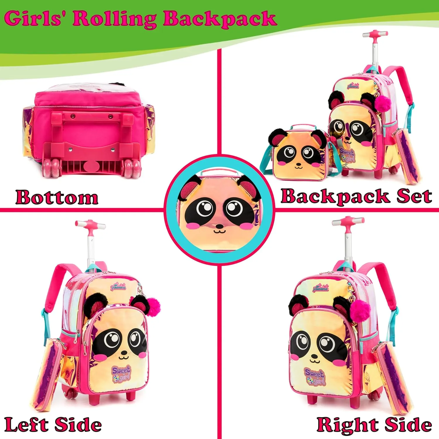 Egchescebo Kids Rolling Clear Panda Backpack for Girls 17" Flamingo Childrens Luggage with Wheels Toddler Travel Suitcase Transparent Backpacks Girl Kid Lunch Bookbag Escolares Elementary Red