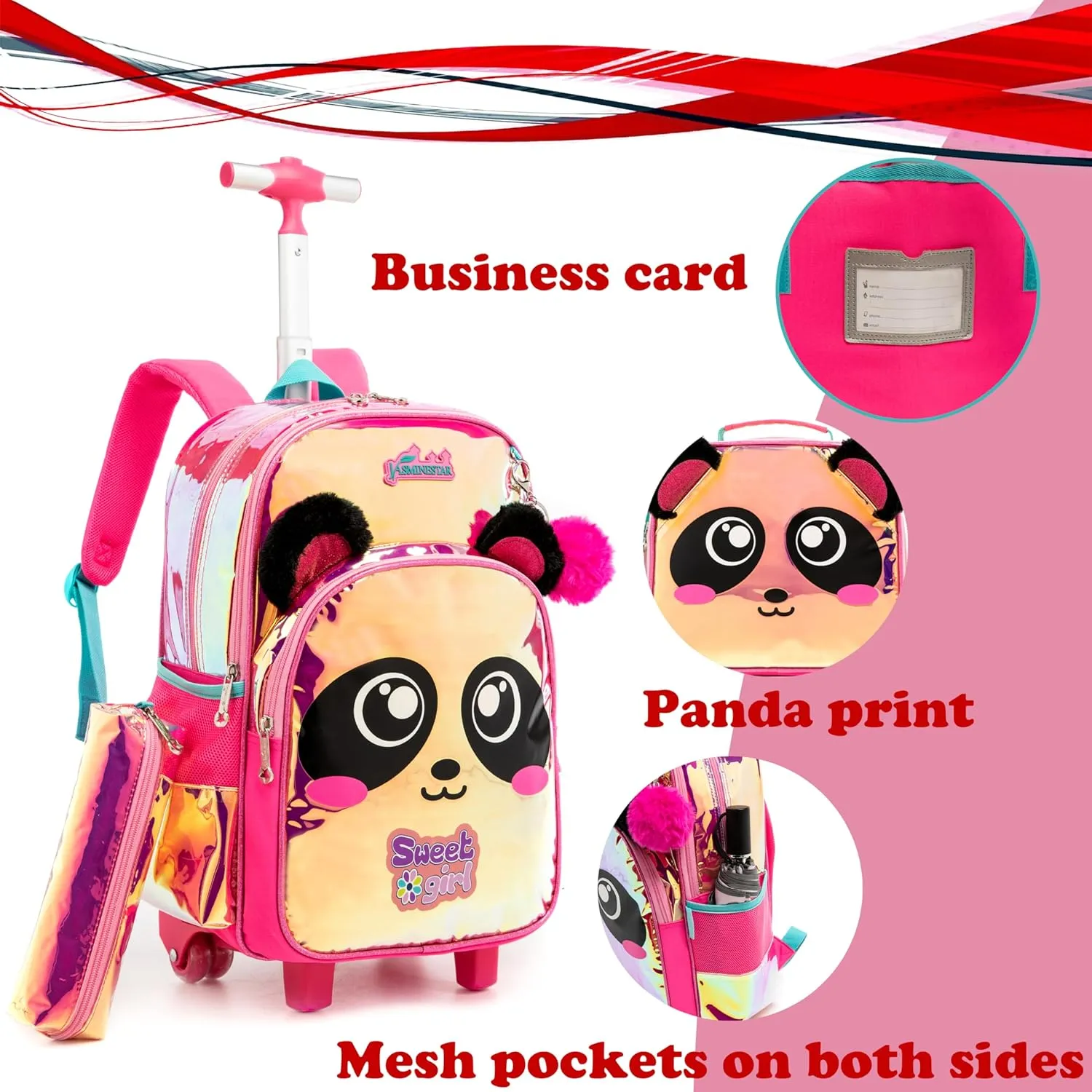 Egchescebo Kids Rolling Clear Panda Backpack for Girls 17" Flamingo Childrens Luggage with Wheels Toddler Travel Suitcase Transparent Backpacks Girl Kid Lunch Bookbag Escolares Elementary Red