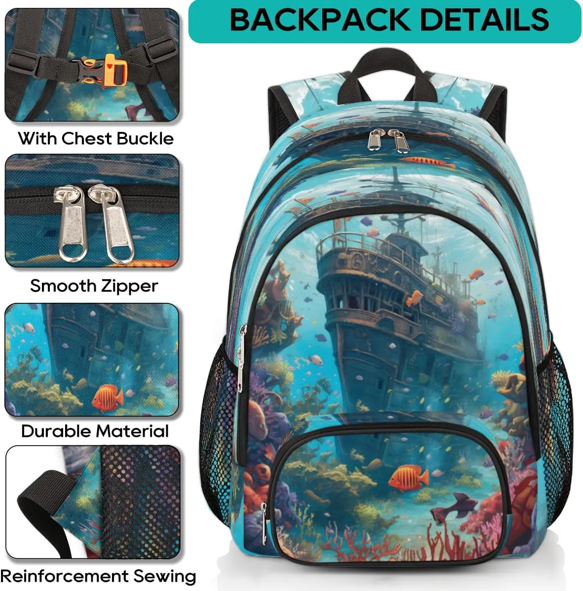 Elementary School Bags for Teens, Boat Nautical Kids Backpacks Tropical Fish Lightweight Bookbags Waterproof Sturdy Schoolbag Daypack for Girls Boys