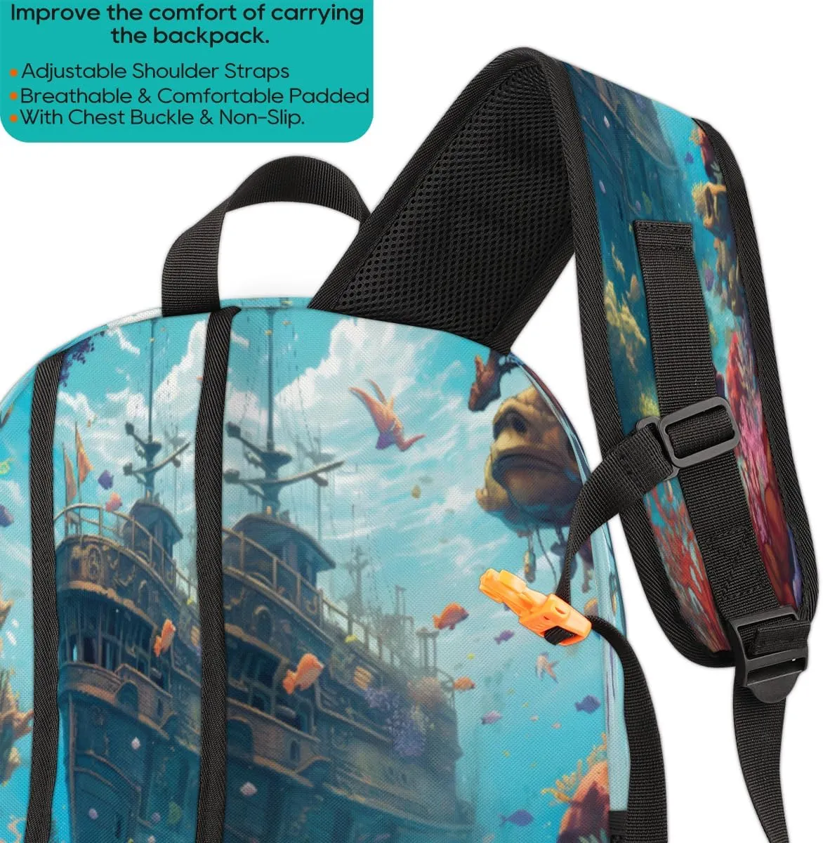 Elementary School Bags for Teens, Boat Nautical Kids Backpacks Tropical Fish Lightweight Bookbags Waterproof Sturdy Schoolbag Daypack for Girls Boys