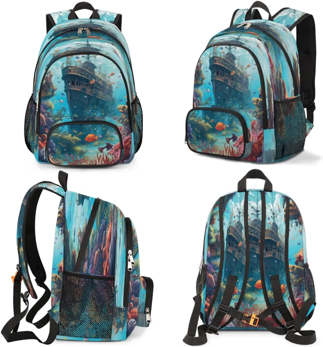 Elementary School Bags for Teens, Boat Nautical Kids Backpacks Tropical Fish Lightweight Bookbags Waterproof Sturdy Schoolbag Daypack for Girls Boys