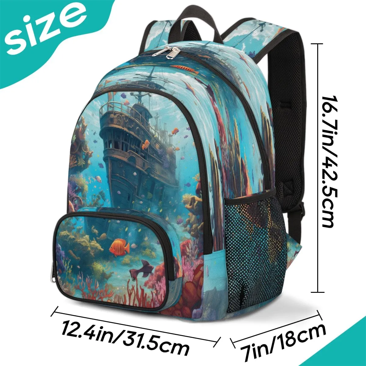 Elementary School Bags for Teens, Boat Nautical Kids Backpacks Tropical Fish Lightweight Bookbags Waterproof Sturdy Schoolbag Daypack for Girls Boys
