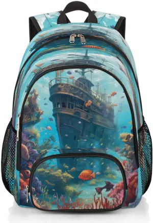 Elementary School Bags for Teens, Boat Nautical Kids Backpacks Tropical Fish Lightweight Bookbags Waterproof Sturdy Schoolbag Daypack for Girls Boys