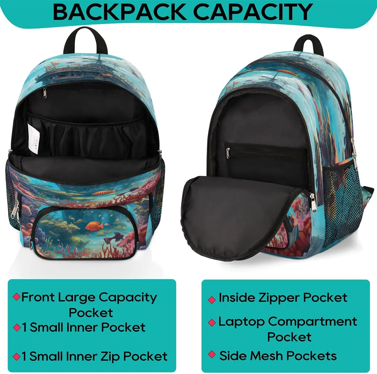 Elementary School Bags for Teens, Boat Nautical Kids Backpacks Tropical Fish Lightweight Bookbags Waterproof Sturdy Schoolbag Daypack for Girls Boys