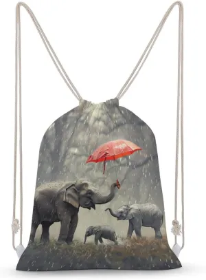 Elephant Family in Rain Drawstring Backpack Travel String Shoulder Bag Canvas Sport Sackpack for Gym Shopping Yoga