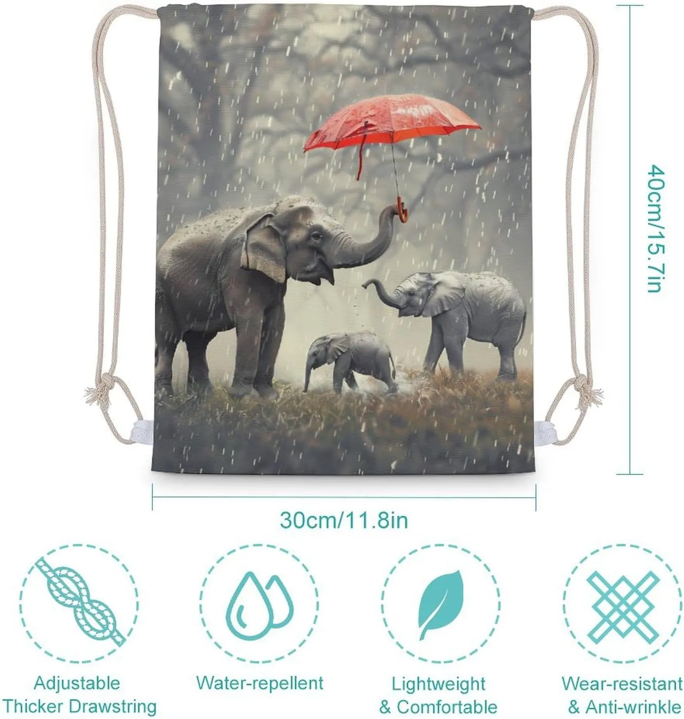 Elephant Family in Rain Drawstring Backpack Travel String Shoulder Bag Canvas Sport Sackpack for Gym Shopping Yoga