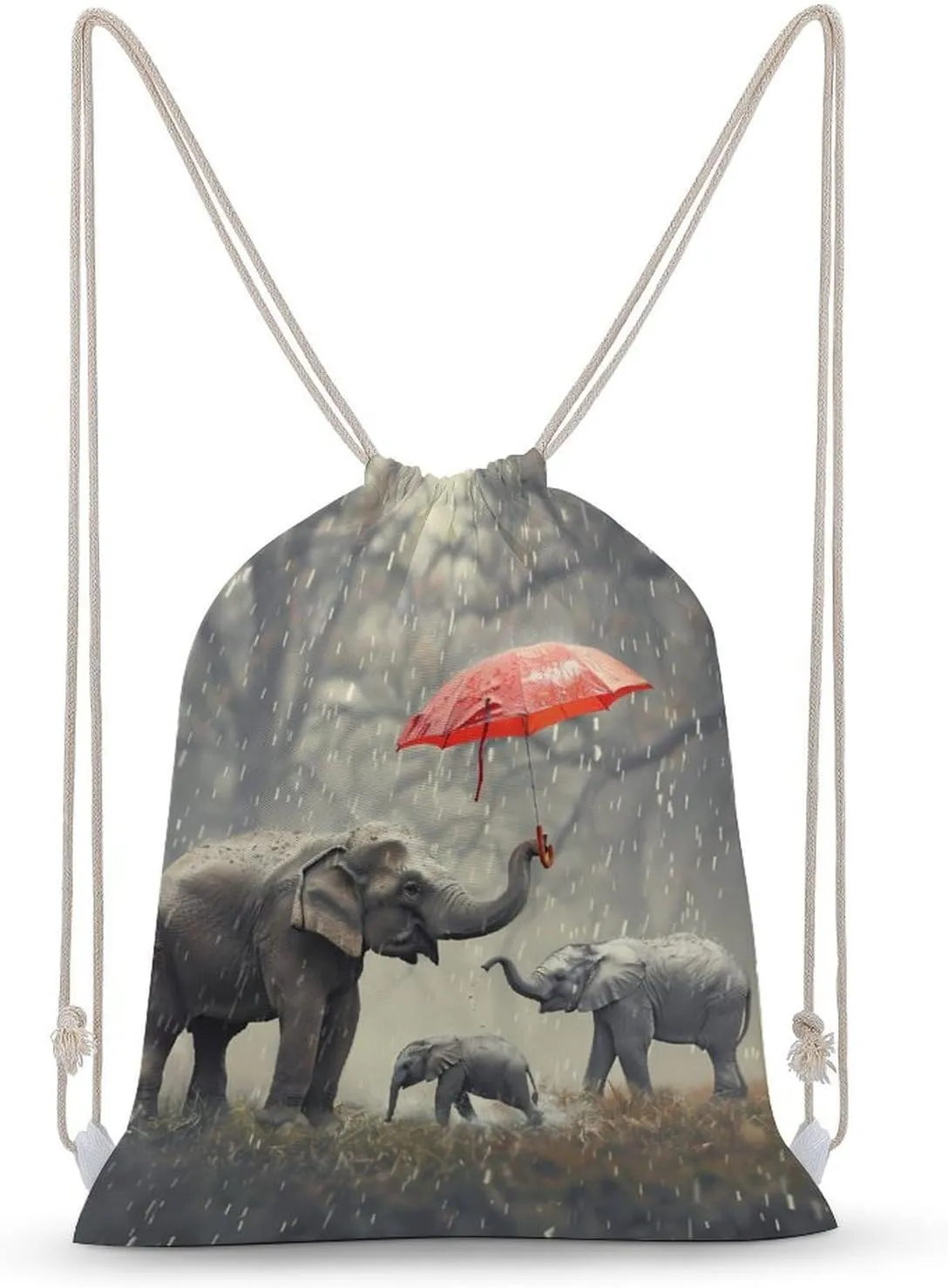 Elephant Family in Rain Drawstring Backpack Travel String Shoulder Bag Canvas Sport Sackpack for Gym Shopping Yoga