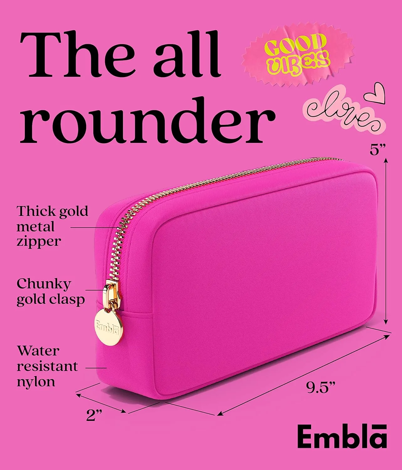 Embla Makeup Bag Travel Cosmetics Pouch and Toiletry Bag, Nylon Zipper Pouch Purse, Cute Make Up Organizer Storage Tote for Women Girls, Waterproof Travel Skincare Case, Small Makeup Bags, Fuchsia