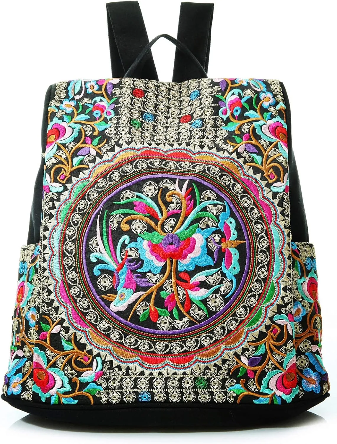 Embroidered Women Backpack Purse, Fashion Canvas Travel Anti-theft Rucksack Shoulder Bag (Flower Embroidery)