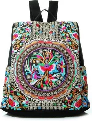 Embroidered Women Backpack Purse, Fashion Canvas Travel Anti-theft Rucksack Shoulder Bag (Flower Embroidery)