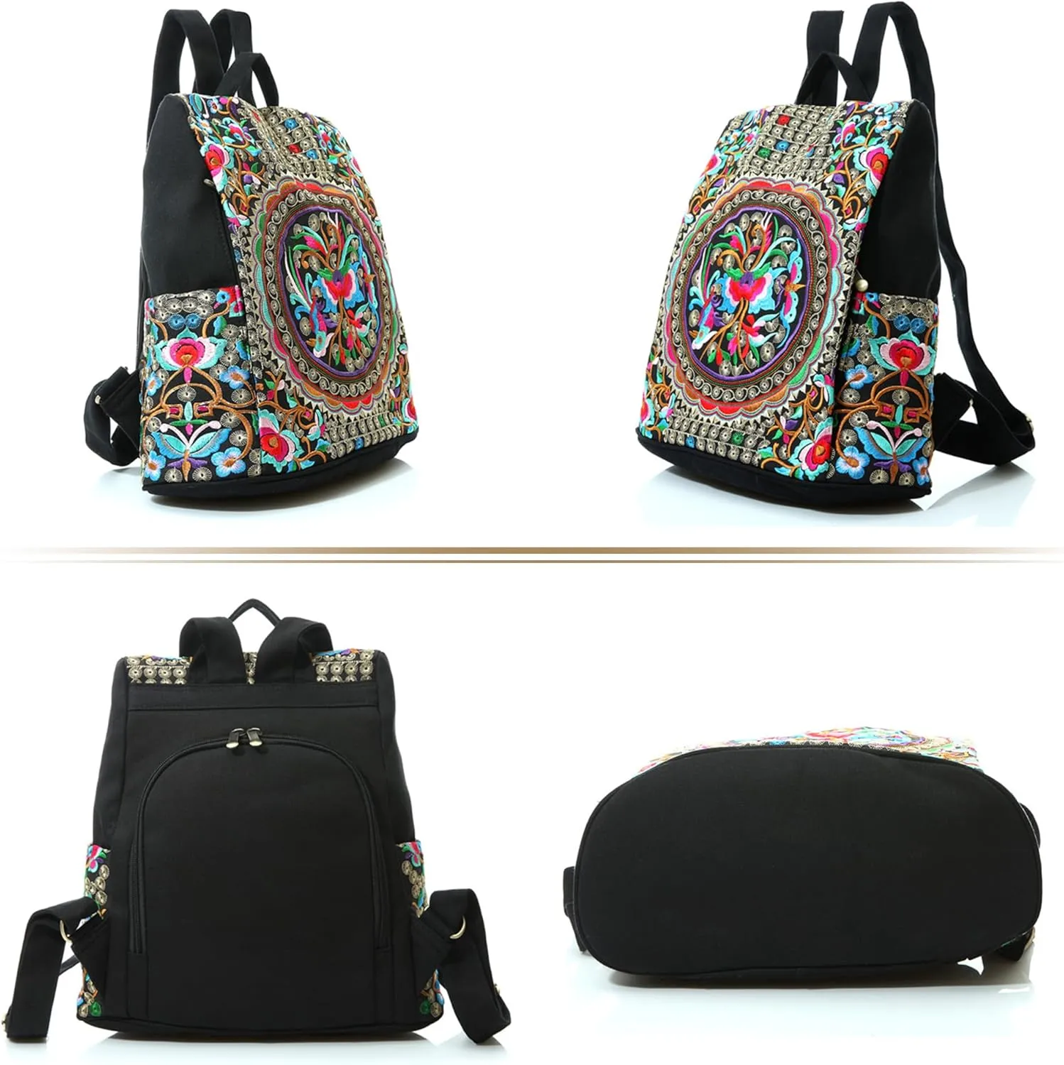 Embroidered Women Backpack Purse, Fashion Canvas Travel Anti-theft Rucksack Shoulder Bag (Flower Embroidery)