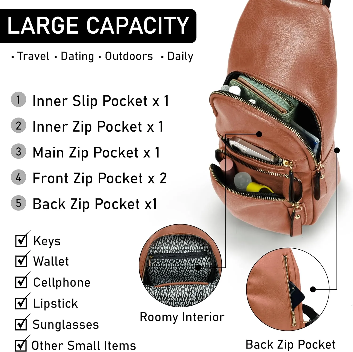Emperia Small Sling Bag Fanny Packs Crossbody Bags Travel Backpack Chest Bag Gifts for Women Men Tan