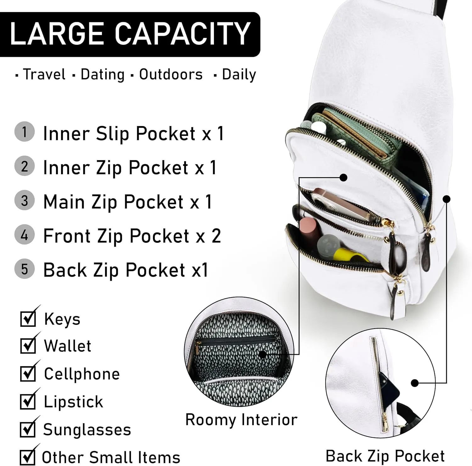 Emperia Small Sling Bag Fanny Packs Crossbody Bags Travel Backpack Chest Bag Gifts for Women Men White