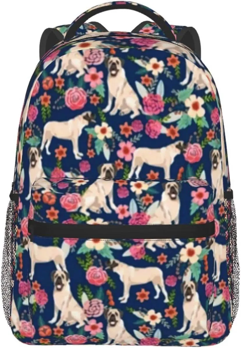 English Mastiff Florals Dog Breed Navy Backpack Laptop Backpack Sports Travel Shoulder bag Light casual backpack