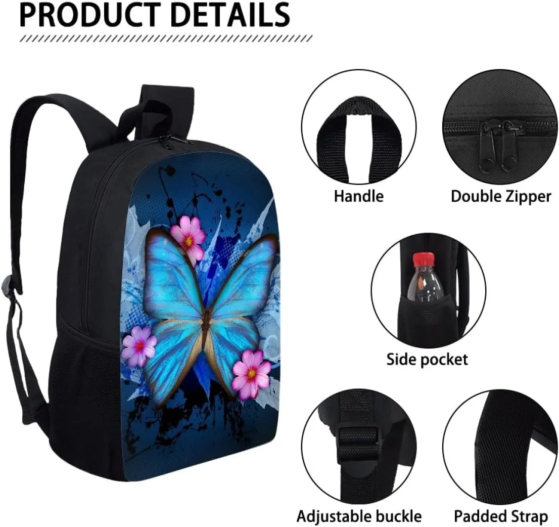 ENLACHIC Kids Cool 3D Blue Butterfly Print Backpacks for School Travel Bookbag School Bag Laptop Backpack Casual Daypack