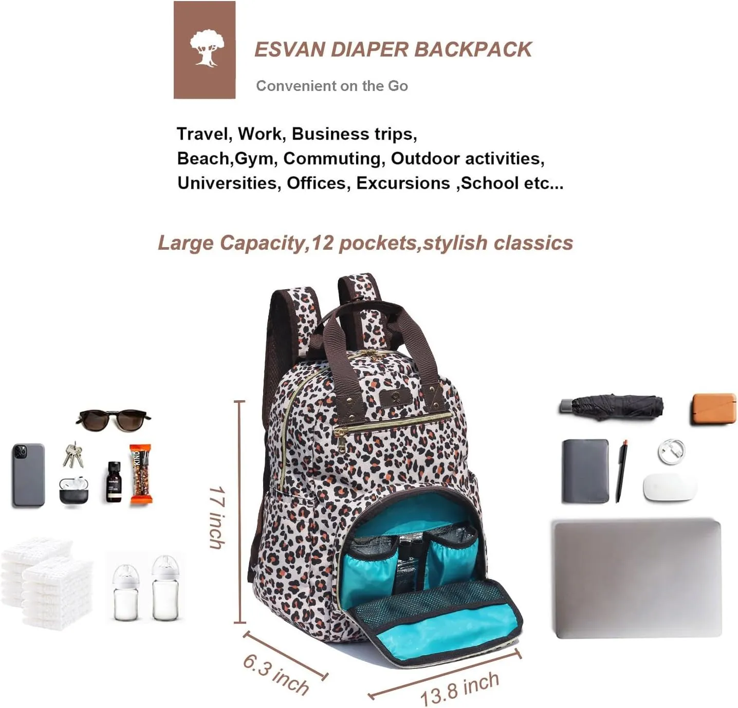 ESVAN Diaper Bag Backpack, Large Capacity Multifunction Baby Essentials Fashion Travel Pack Linen Canvas office Laptop Bag