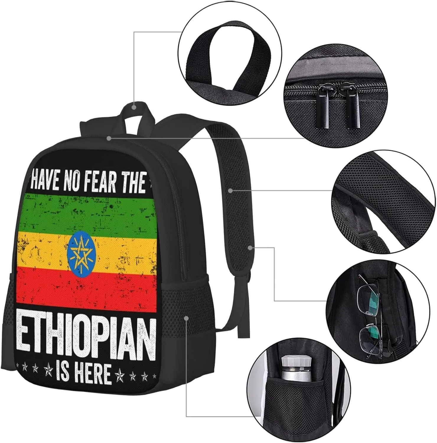 Ethiopia Flag The Ethiopian Is Here Casual Backpacks Large Capacity Backpack Laptop Rucksack Sport Daypack Commuter Bags with Adjustable Strap for Traveling Camping