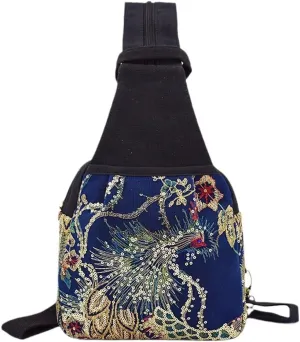 Ethnic Style Phoenix Embroidery Women's Double-layer Canvas Chest Bag Backpack With Zipper(black)