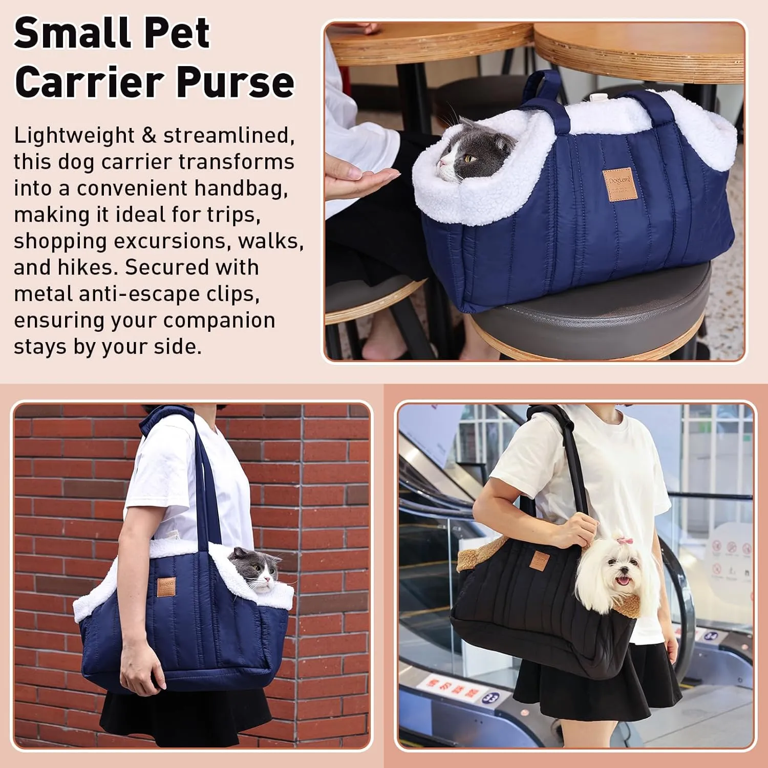 ETIAL Small Dog Carrier Purse, Winter Fleece Warm Dog Tote Bag Carrier with Secure Harness Clip for Puppy Kitten, Waterproof Pet Travel Handbag for Shopping, Hiking and Walking (Green)
