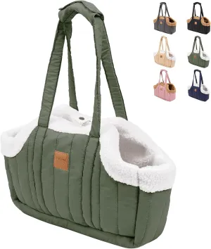ETIAL Small Dog Carrier Purse, Winter Fleece Warm Dog Tote Bag Carrier with Secure Harness Clip for Puppy Kitten, Waterproof Pet Travel Handbag for Shopping, Hiking and Walking (Green)