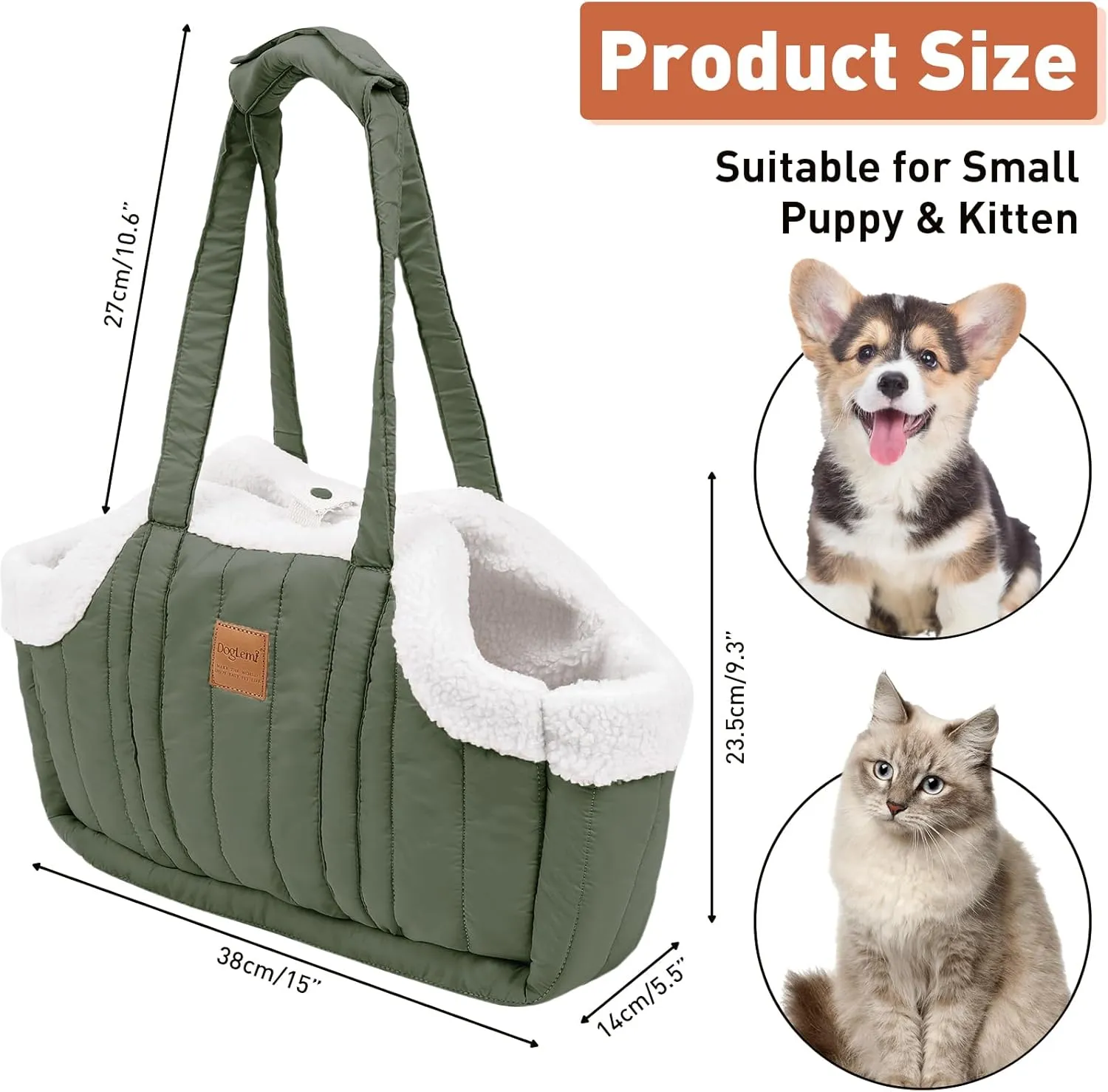 ETIAL Small Dog Carrier Purse, Winter Fleece Warm Dog Tote Bag Carrier with Secure Harness Clip for Puppy Kitten, Waterproof Pet Travel Handbag for Shopping, Hiking and Walking (Green)