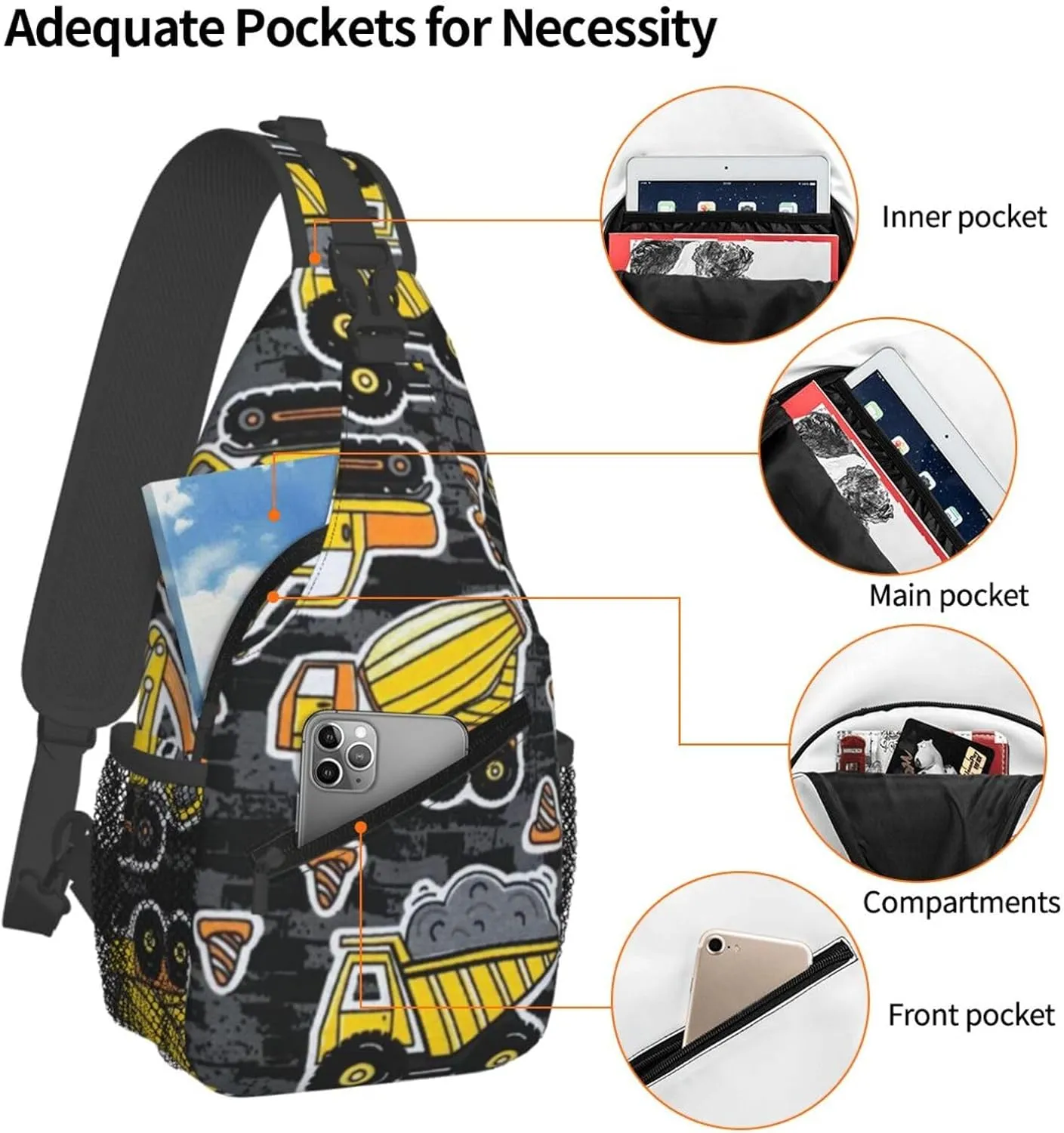 Excavator Tractor Construction Vehicle Bulldozer Truck Men'S Crossbody Bag Travel Hiking Shoulder Backpack Chest Bag
