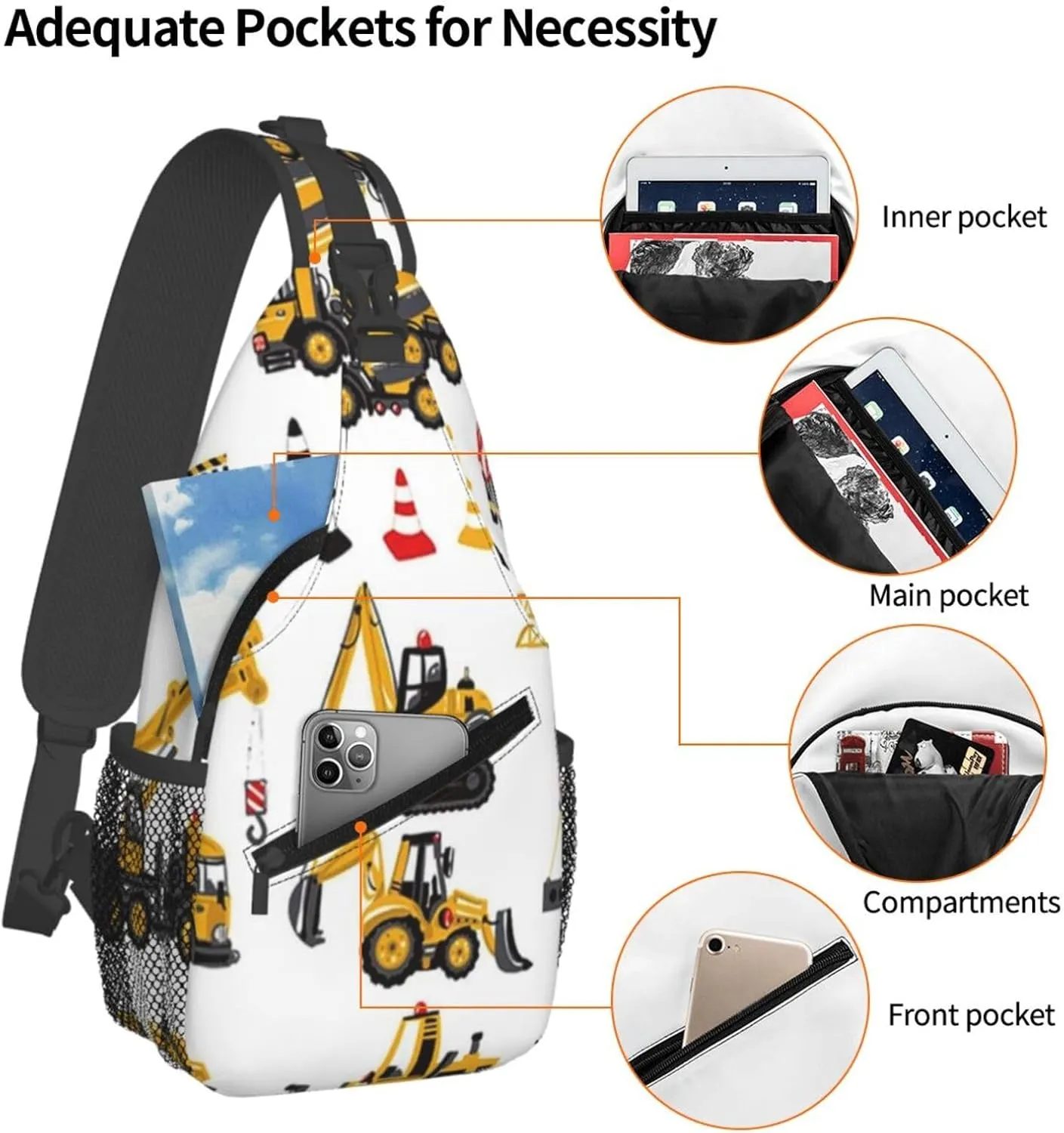 Excavator Tractor Construction Vehicle Bulldozer Truck Men'S Crossbody Bag Travel Hiking Shoulder Backpack Chest Bag