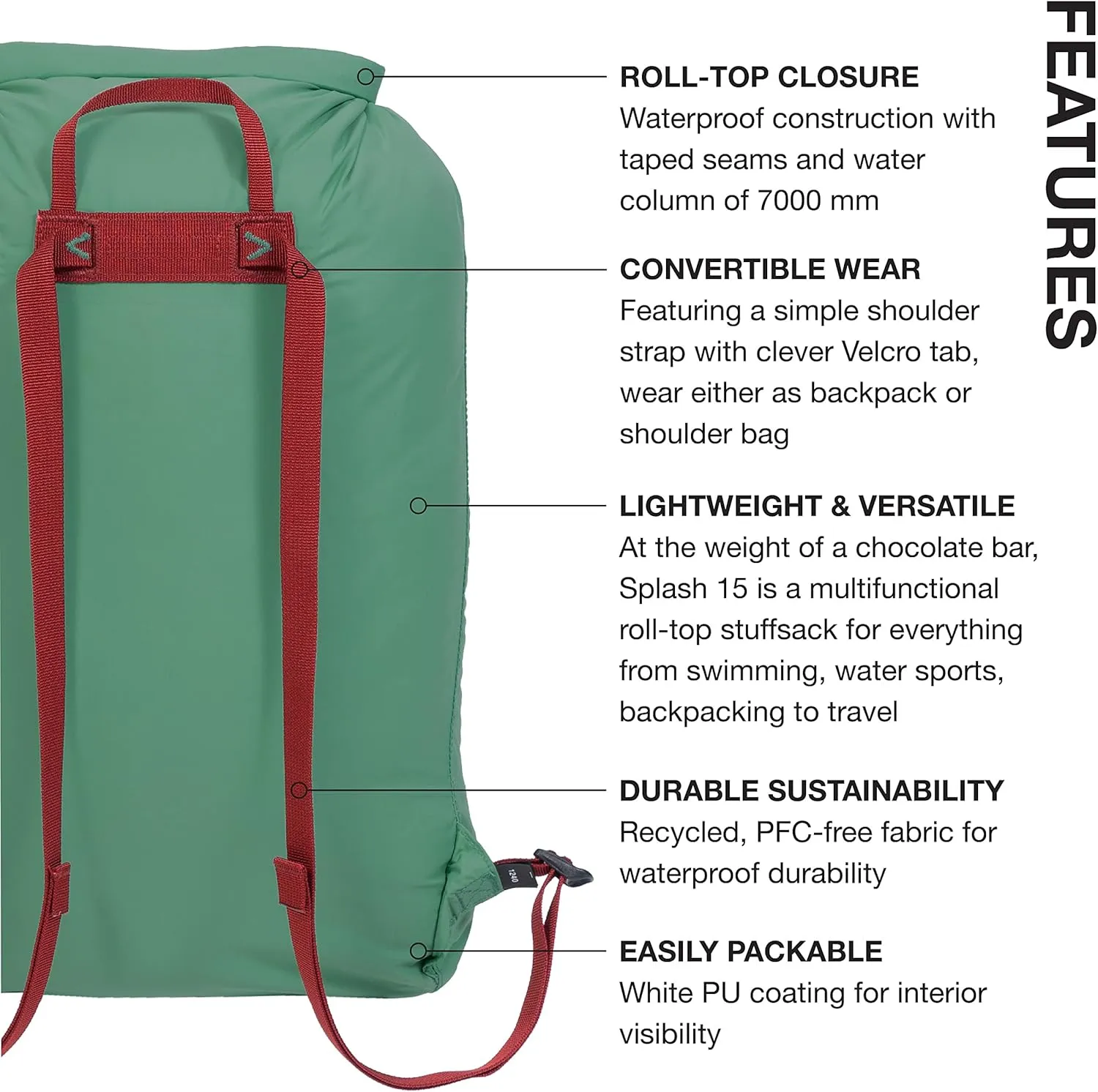Exped Splash 15 Backpack | Extremely Versatile Pack | Light & Compact Rolltop Stuff Sack | Multi-Use Waterproof Daypack, Sage, 15L