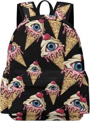 Eyeball Peeping Ice Cream Cone Lightweight Backpack Travel Daypack Laptop Backpacks with 1 Main Compartment Front Utility Pocket
