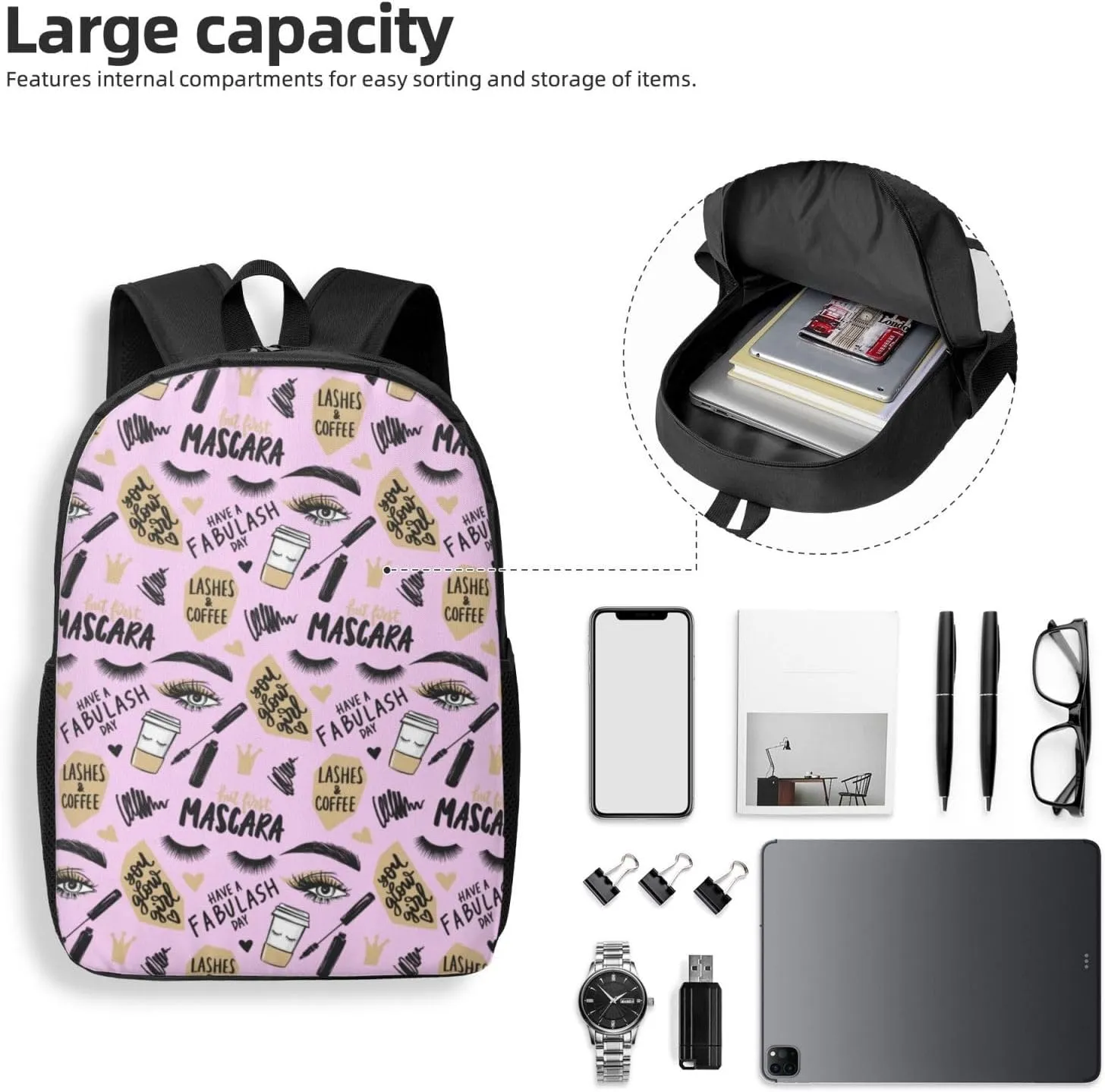 Eyes Brows And Long Black Lashes Paper Coffee Cup Backpack, 17 Inch Travel Business Laptop Backpack For Women Men
