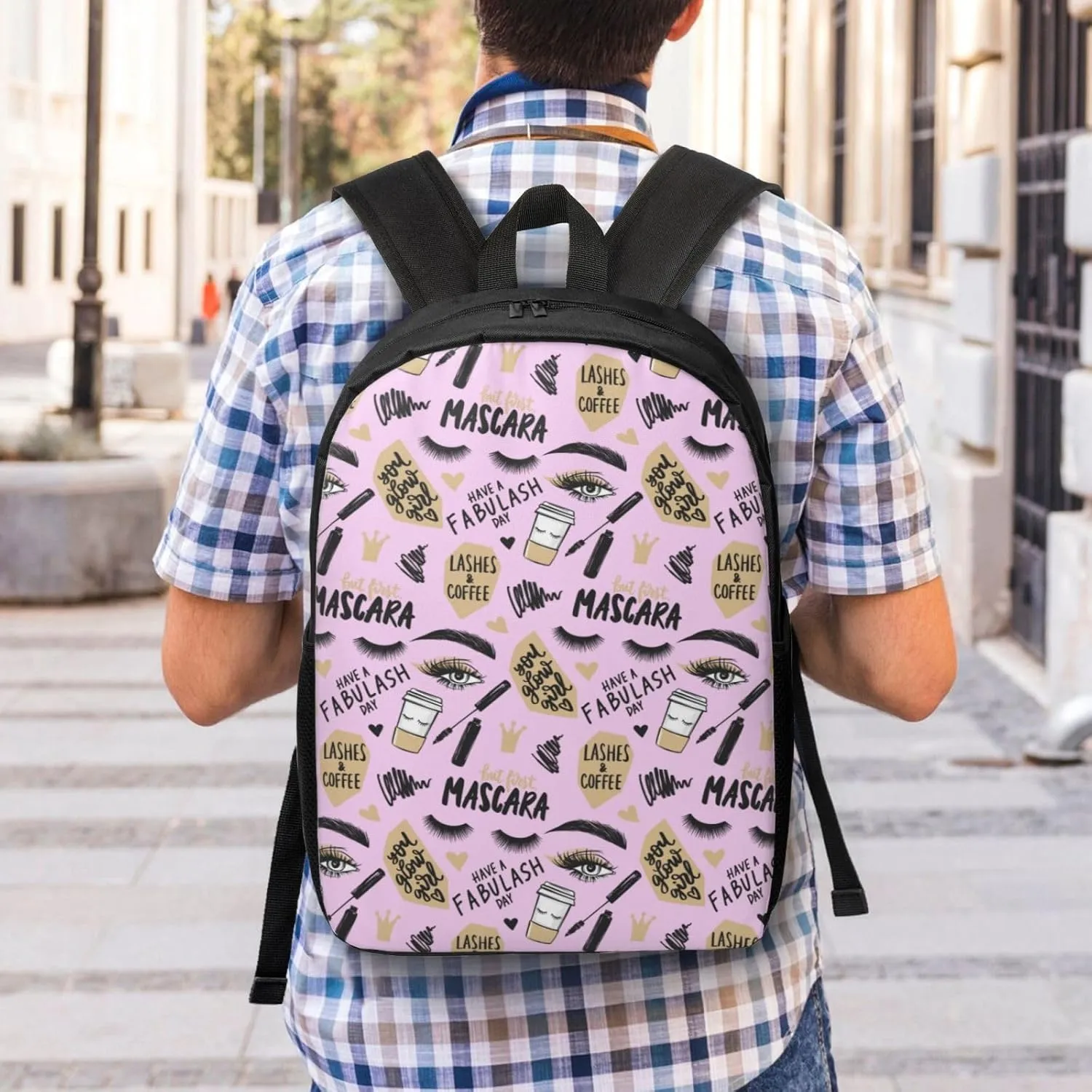 Eyes Brows And Long Black Lashes Paper Coffee Cup Backpack, 17 Inch Travel Business Laptop Backpack For Women Men