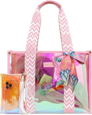 F-color Iridesent Beach Bag for Women - Waterproof Beach Tote Clear Pool Bag with Phone Pouch for Cruise Vacation Essentials