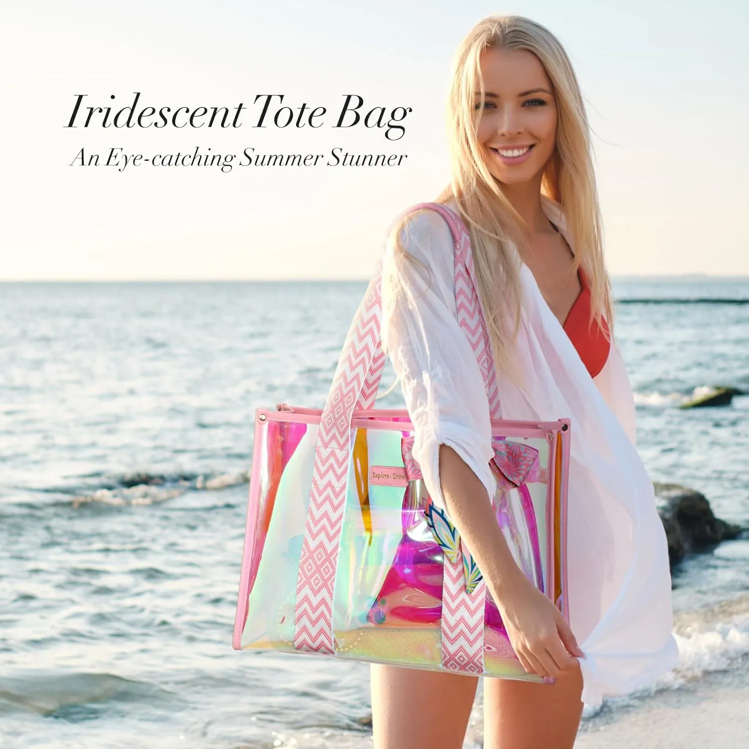 F-color Iridesent Beach Bag for Women - Waterproof Beach Tote Clear Pool Bag with Phone Pouch for Cruise Vacation Essentials