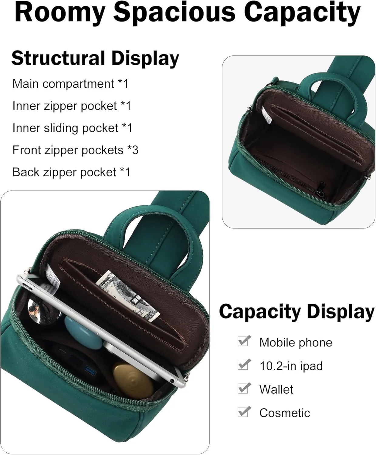 FADEON Sling Bag for Women Crossbody Purse Sling Bags, Designer Sling Purses Medium Travel Multi-Pocket Sling Backpack