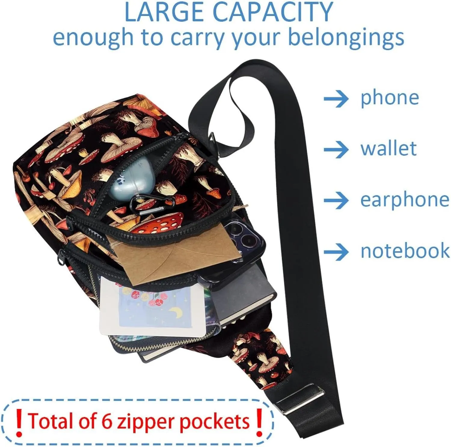 Fanny Pack Cross Body Bag for Outdoors Hiking Traveling, Different bright mushrooms (3)