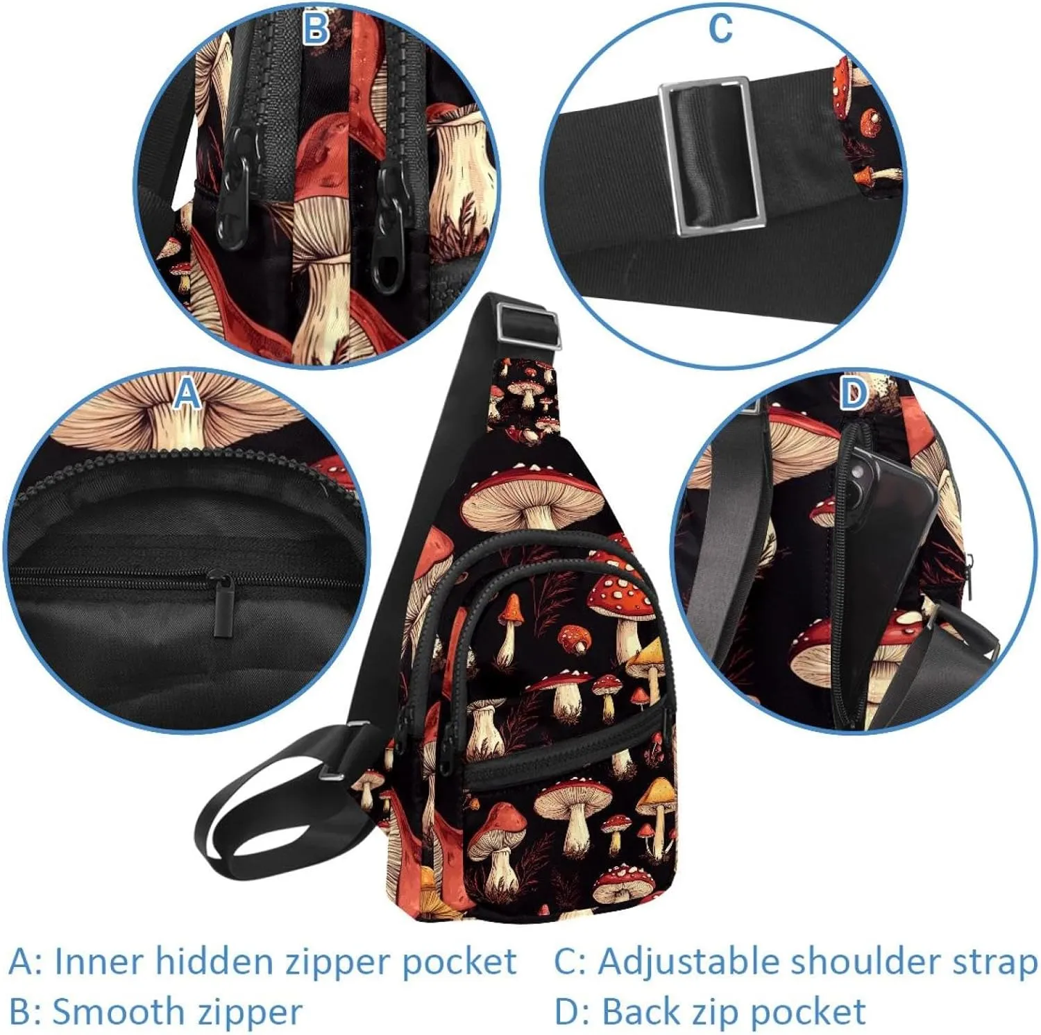 Fanny Pack Cross Body Bag for Outdoors Hiking Traveling, Different bright mushrooms (3)