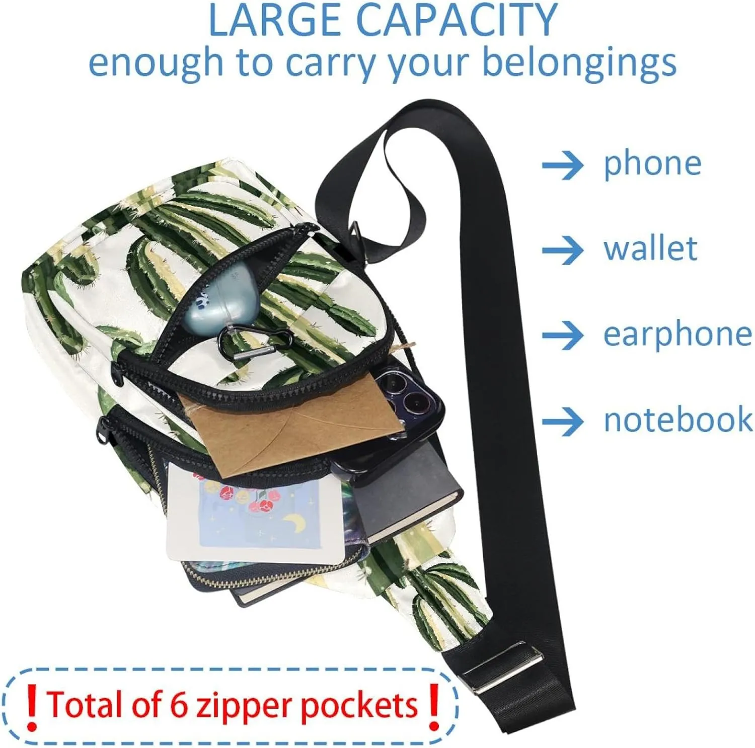 Fanny Pack Cross Body Bag for Outdoors Hiking Traveling, Tropical Cactus Plants (3)