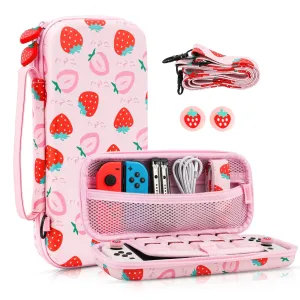 FANPL Carrying Case for Nintendo Switch and Switch OLED Accessories, Pink Strawberry Travel Case Bundle with Adjustable Shoulder Strap, Thumb Grips, Hard Switch Protective Case Cover Anti-Scratch,