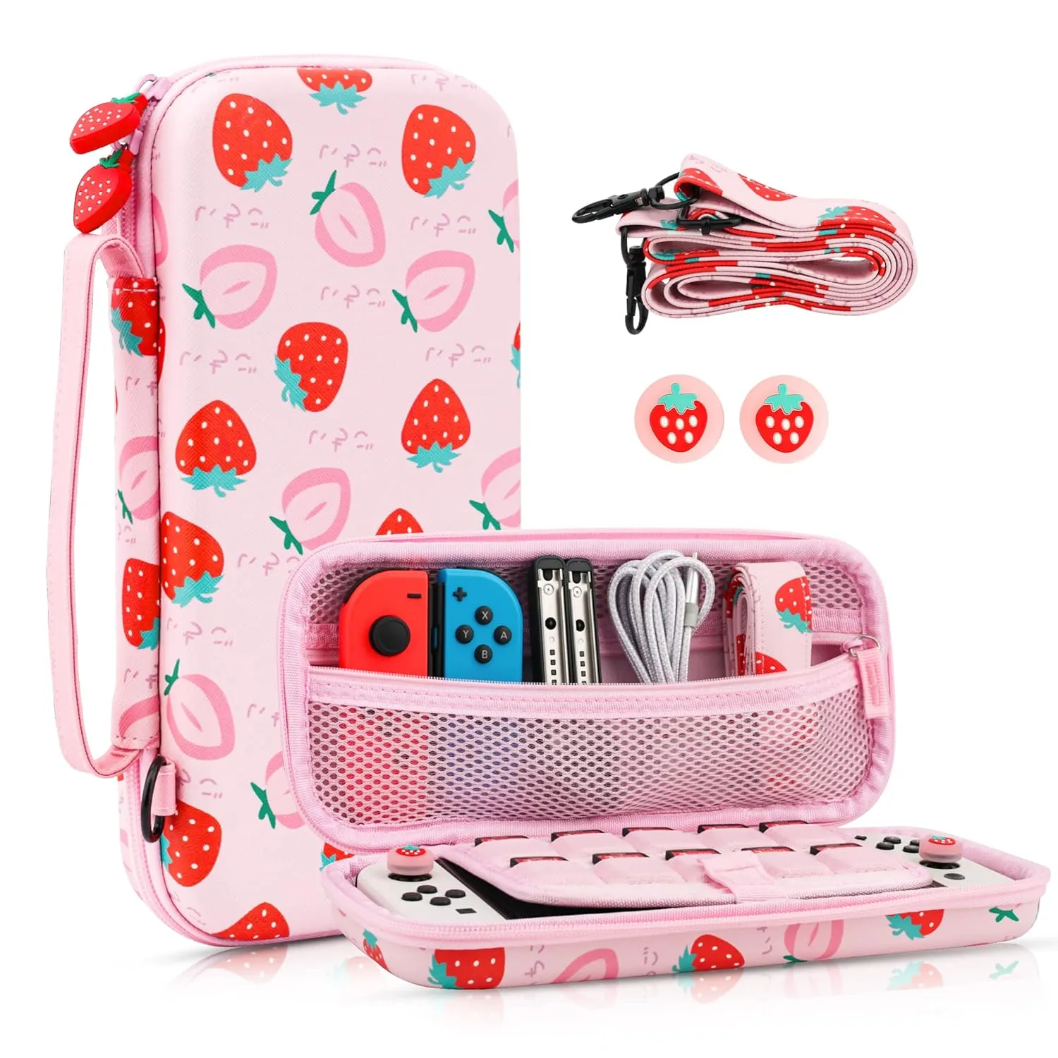 FANPL Carrying Case for Nintendo Switch and Switch OLED Accessories, Pink Strawberry Travel Case Bundle with Adjustable Shoulder Strap, Thumb Grips, Hard Switch Protective Case Cover Anti-Scratch,