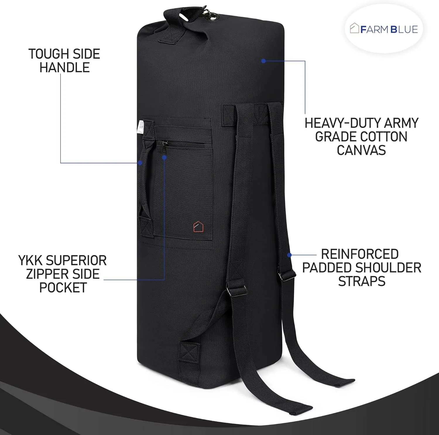 Farm Blue 2 Strap Top Load Military Duffle Bag - XL Duffel - Heavy Army Cotton Canvas - Travel Bag For Men and Women, Dorm Rooms, Summer Camp, even Navy Seals! Tactical Gear Sack - 22" x 38" Black