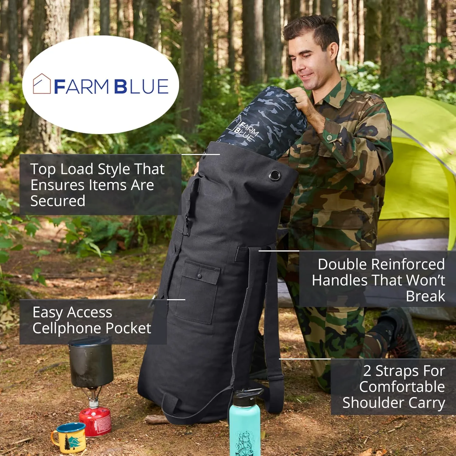 Farm Blue 2 Strap Top Load Military Duffle Bag - XL Duffel - Heavy Army Cotton Canvas - Travel Bag For Men and Women, Dorm Rooms, Summer Camp, even Navy Seals! Tactical Gear Sack - 22" x 38" Black