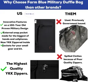 Farm Blue 2 Strap Top Load Military Duffle Bag - XL Duffel - Heavy Army Cotton Canvas - Travel Bag For Men and Women, Dorm Rooms, Summer Camp, even Navy Seals! Tactical Gear Sack - 22" x 38" Black