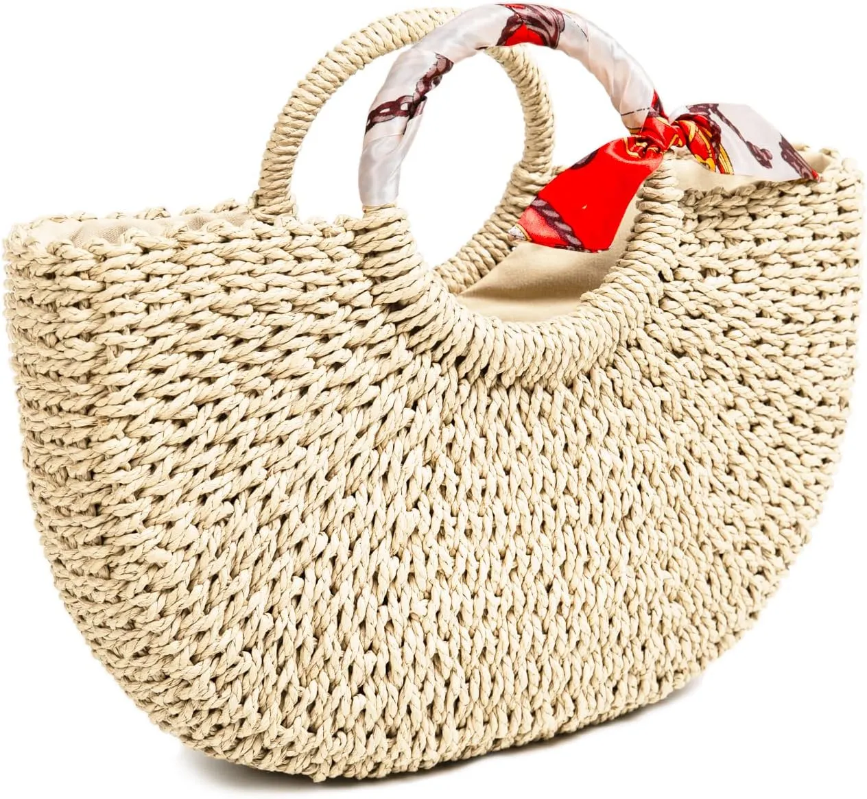 FARVALUE Summer Women‘s Beach Straw Bag Handwoven Straw Tote Casual Handbag with Silk Ribbon