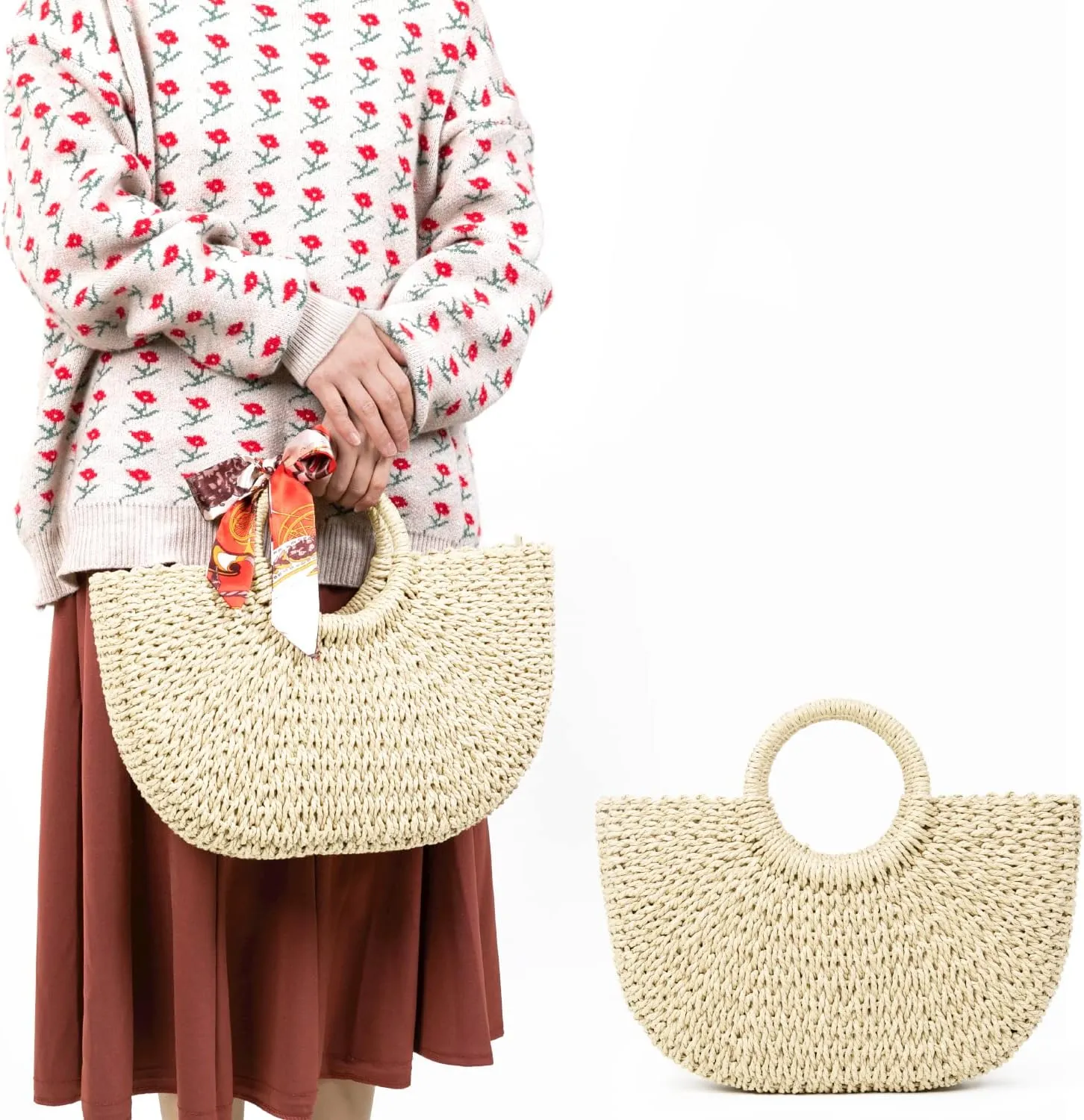 FARVALUE Summer Women‘s Beach Straw Bag Handwoven Straw Tote Casual Handbag with Silk Ribbon