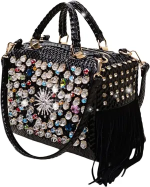 Fashion Rhinestone Bag for Women Leather Top-Handle Satchel Handabgs Large Capacity Tassel Tote Bag Shoulder Messenger Bags