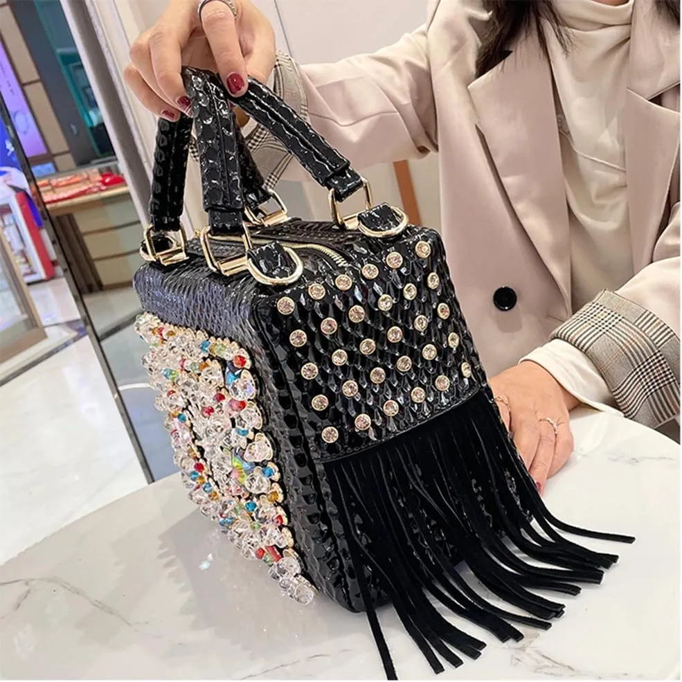 Fashion Rhinestone Bag for Women Leather Top-Handle Satchel Handabgs Large Capacity Tassel Tote Bag Shoulder Messenger Bags