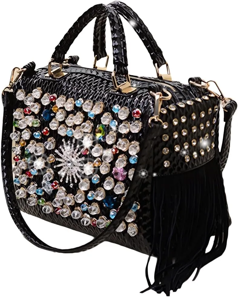 Fashion Rhinestone Bag for Women Leather Top-Handle Satchel Handabgs Large Capacity Tassel Tote Bag Shoulder Messenger Bags