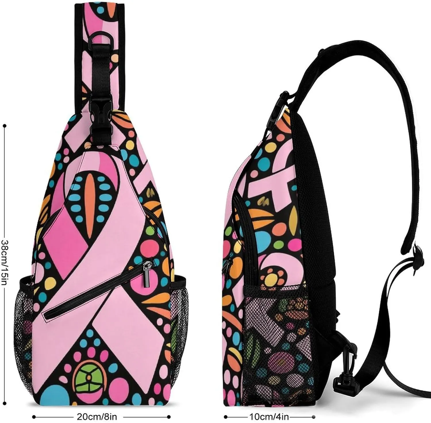 Fashion Sling Backpack, Rucksack, Colorful Ribbon Breast Cancer Awareness Art Crossbody Daypacks Chest Shoulder Packs, Carry On Bag, Outdoor Sport Daypack Travel Bag for Men Women
